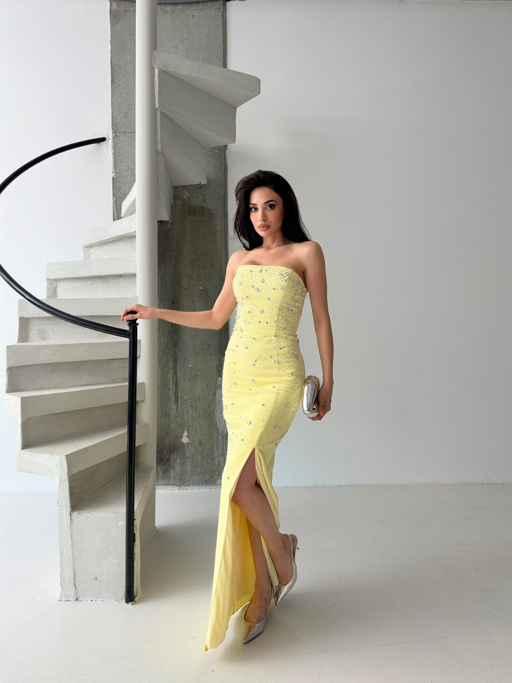 Embroidered Strapless Slit Maxi Dress - Yellow