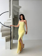Embroidered Strapless Slit Maxi Dress - Yellow