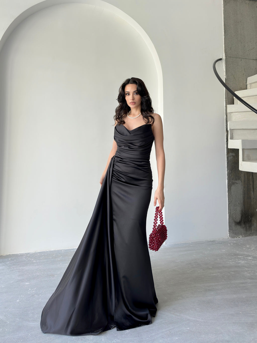 Draped Strapless Satin Maxi Dress - Black