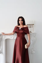 Off-Shoulder Bow Structured Satin Maxi Dress - Deep Brown