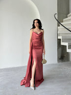 Draped Strapless Satin Maxi Dress - Cinnamon