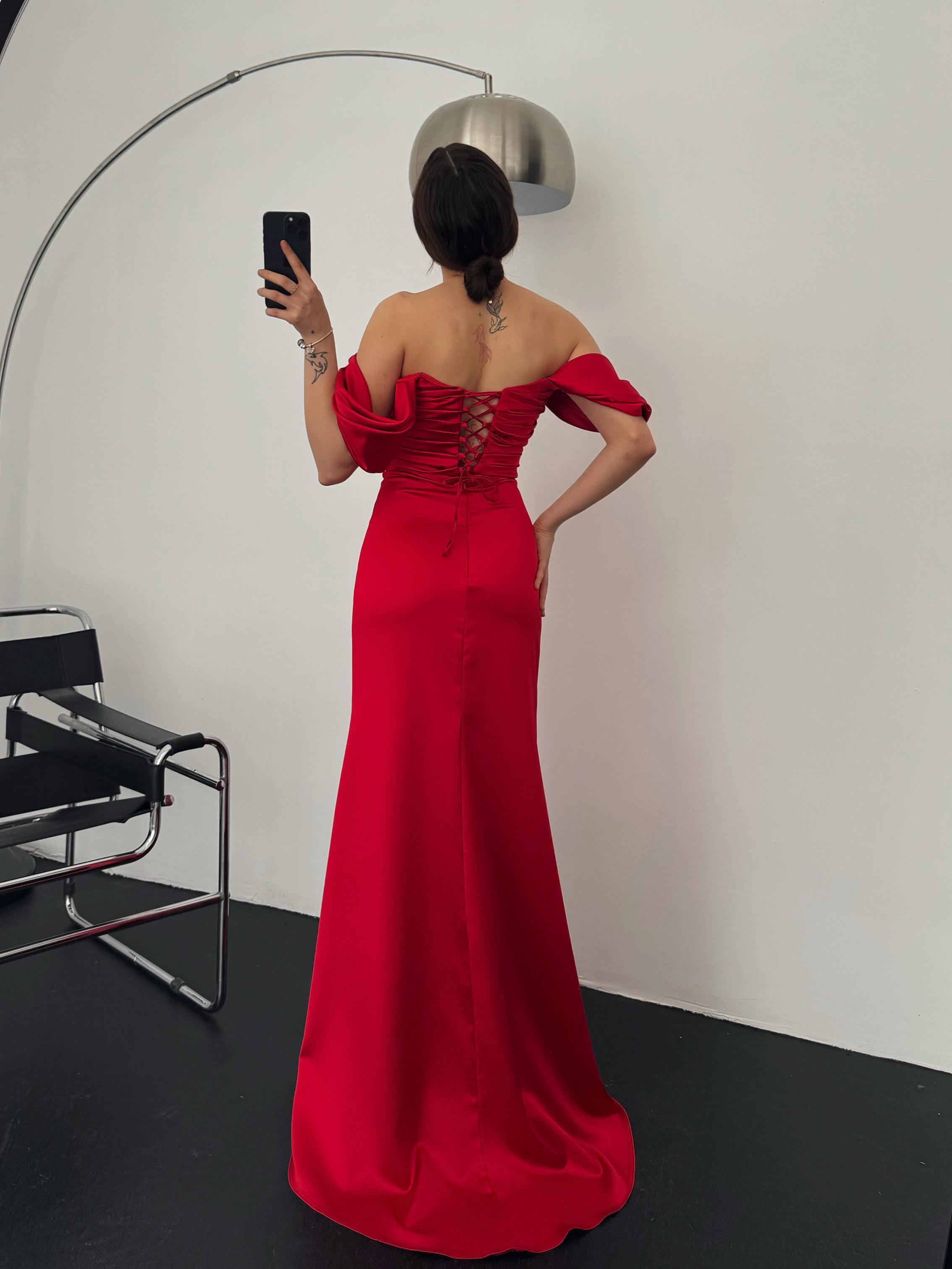 Ruched Off-Shoulder Satin Maxi Dress - Red