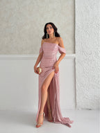 Sequined Off-Shoulder Slit Maxi Dress - Powder