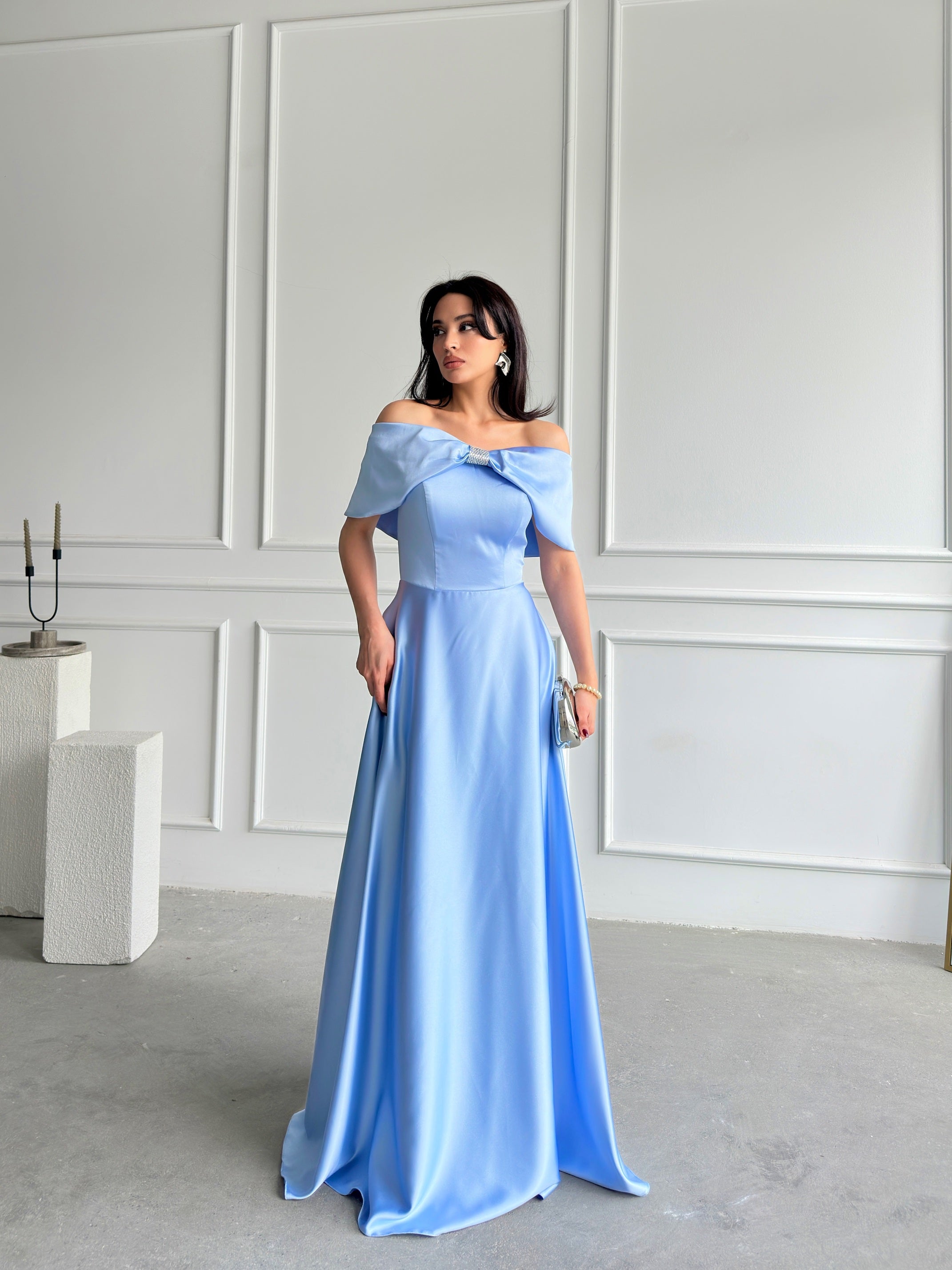 Off-Shoulder Bow Structured Satin Maxi Dress - Baby Blue