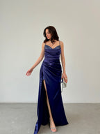 Embellished Cowl Neck Satin Maxi Dress - Navy