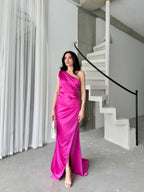 Draped One-Shoulder Satin Maxi Dress - Fuchsia