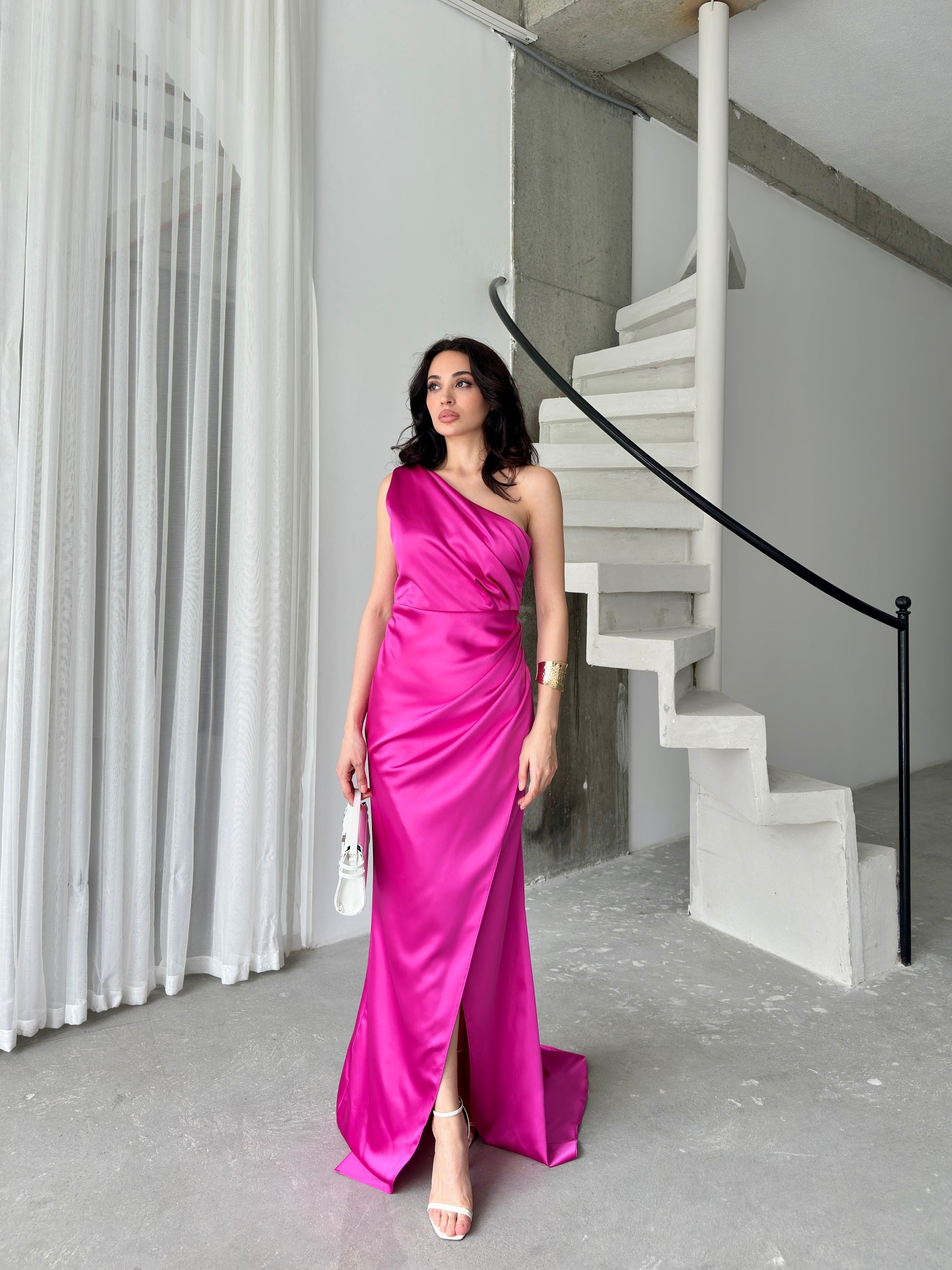 Draped One-Shoulder Satin Maxi Dress - Fuchsia