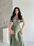 Off-Shoulder Bow Structured Satin Maxi Dress - Olive Green