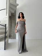 Sequined Off-Shoulder Slit Maxi Dress - Grey