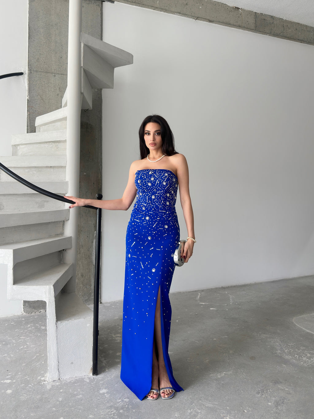 Embroidered Strapless Slit Maxi Dress - Royal Blue