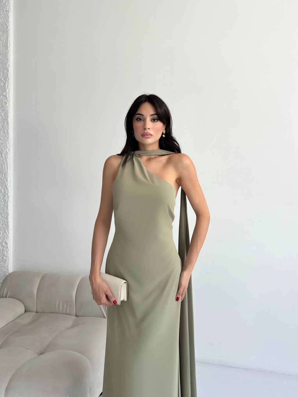 Scarf Detail One-Shoulder Maxi Dress - Khaki - Mirelline Store