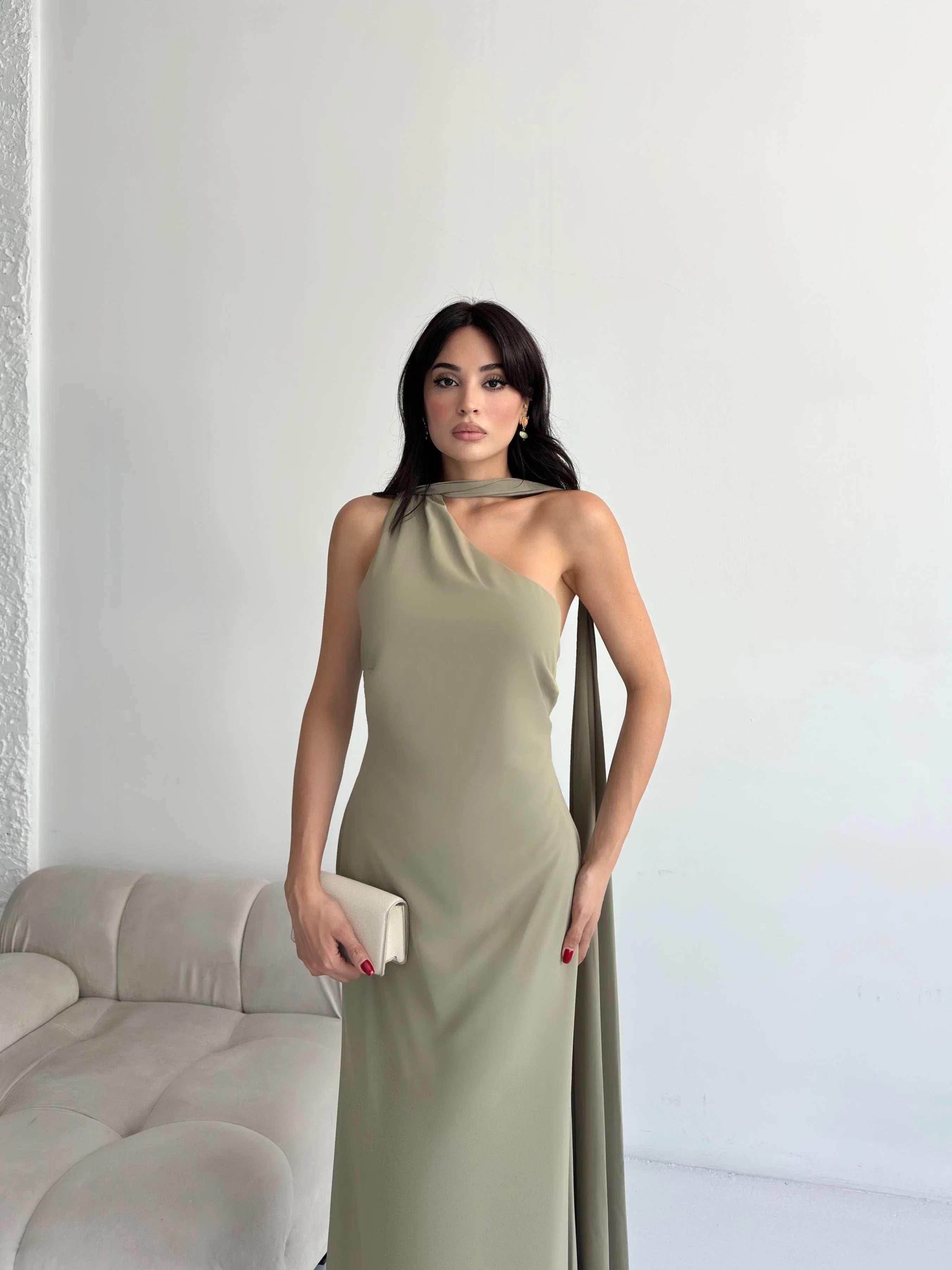 Scarf Detail One-Shoulder Maxi Dress - Khaki - Mirelline Store