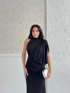 One-Shoulder Mock Neck Draped Maxi Dress - Black - Mirelline Store