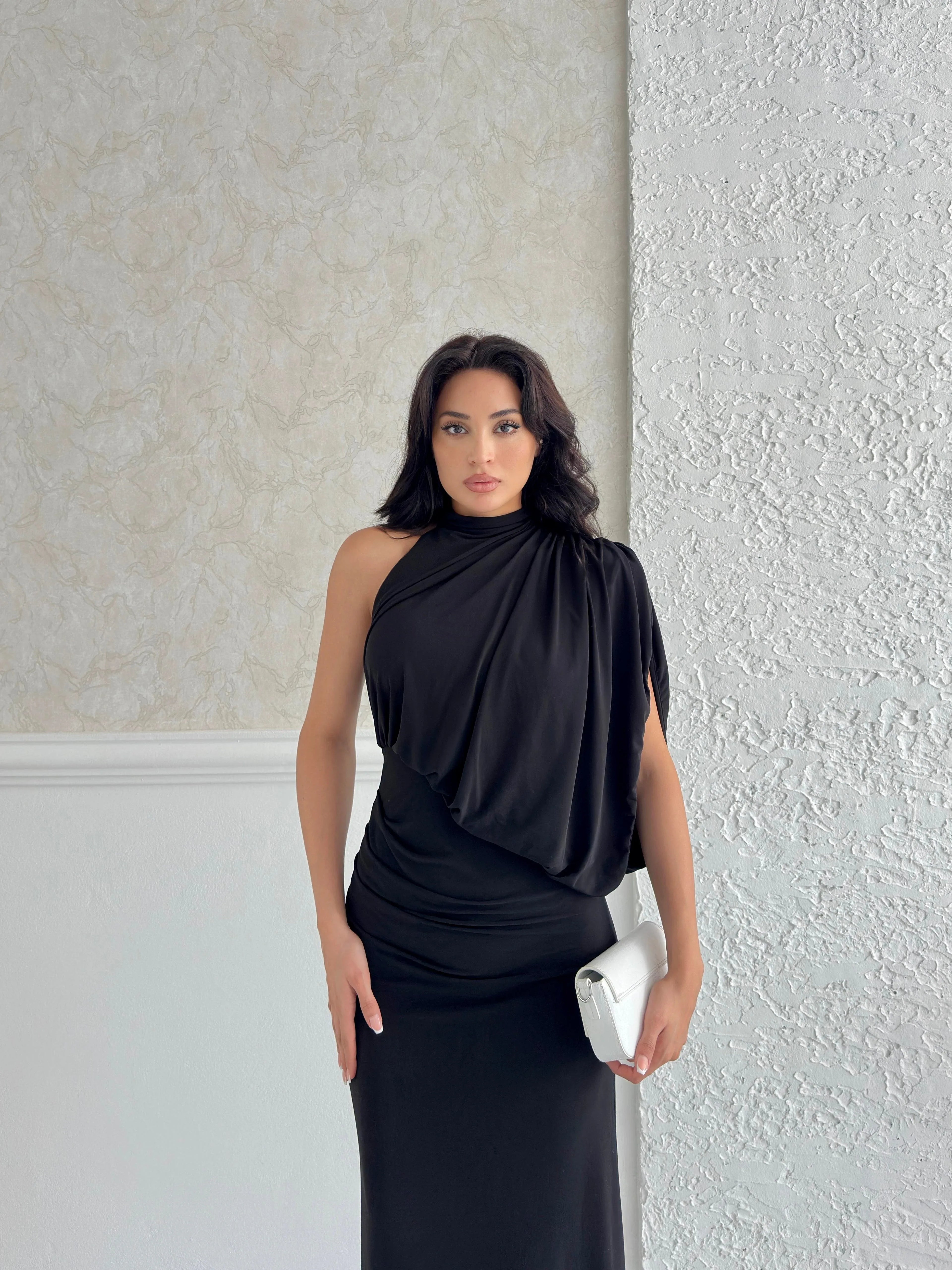 One-Shoulder Mock Neck Draped Maxi Dress - Black - Mirelline Store