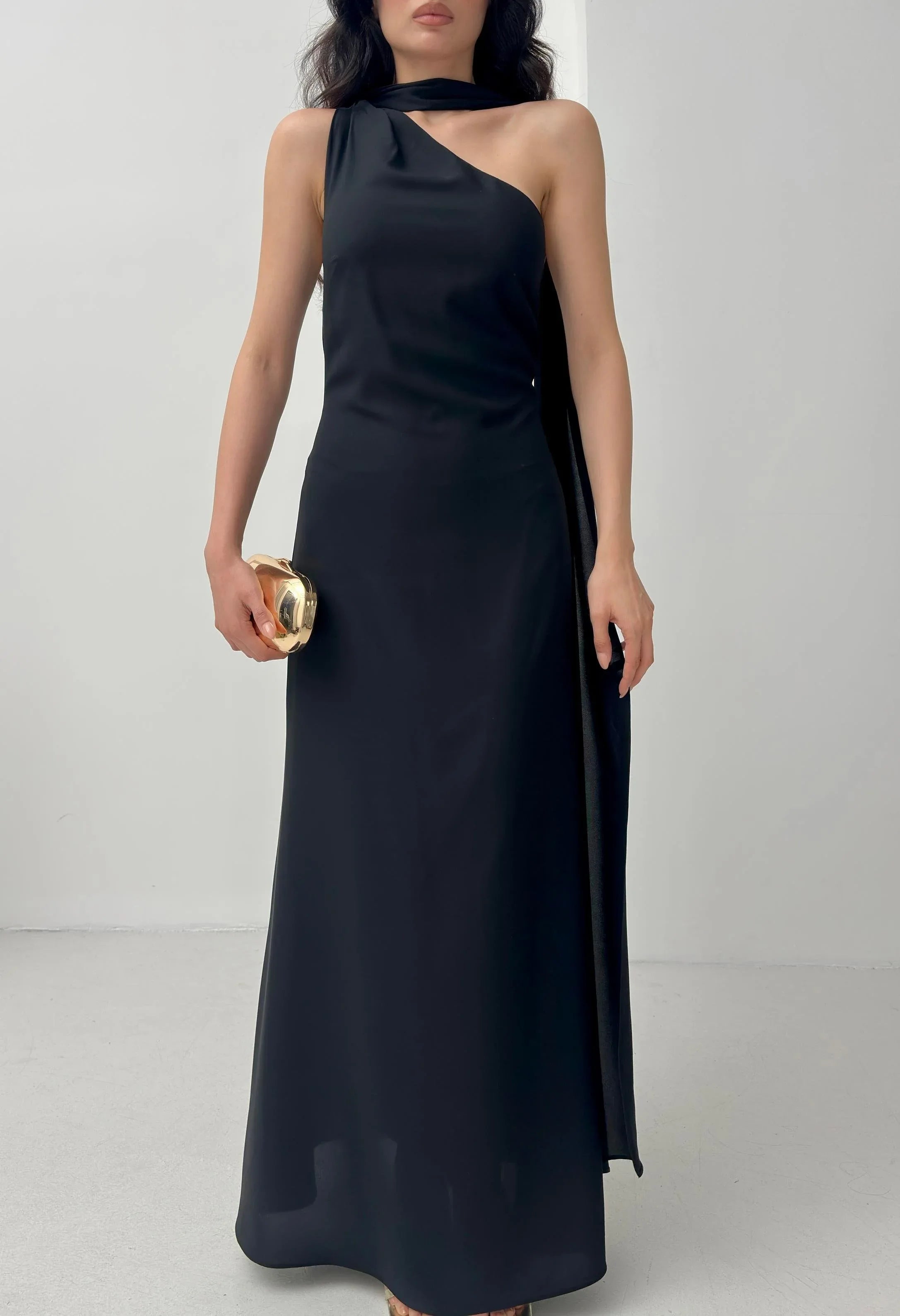 Scarf Detail One-Shoulder Maxi Dress - Black - Mirelline Store