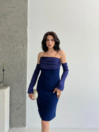 Detachable Sleeve Satin Midi Dress - Navy - Mirelline Store