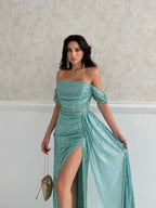 Sequined Off-Shoulder Slit Maxi Dress - Mint