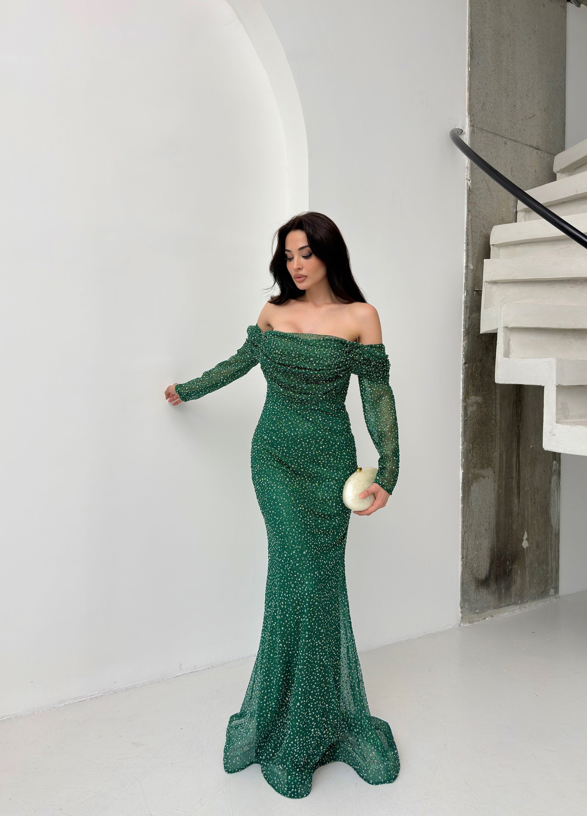 Beaded Off-Shoulder Long Sleeve Maxi Dress - Emerald