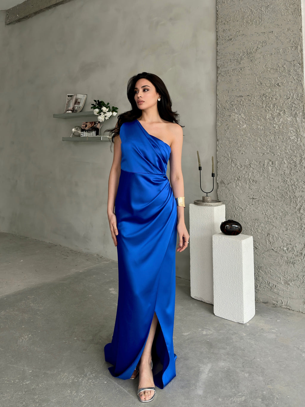 Draped One-Shoulder Satin Maxi Dress - Saxe Blue