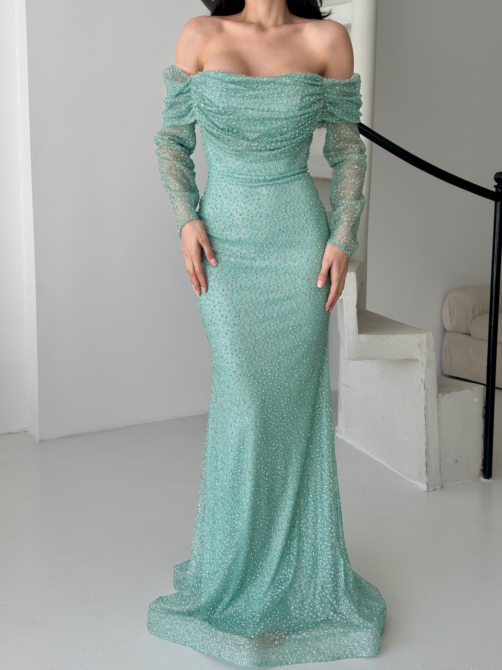 Beaded Off-Shoulder Long Sleeve Maxi Dress - Mint