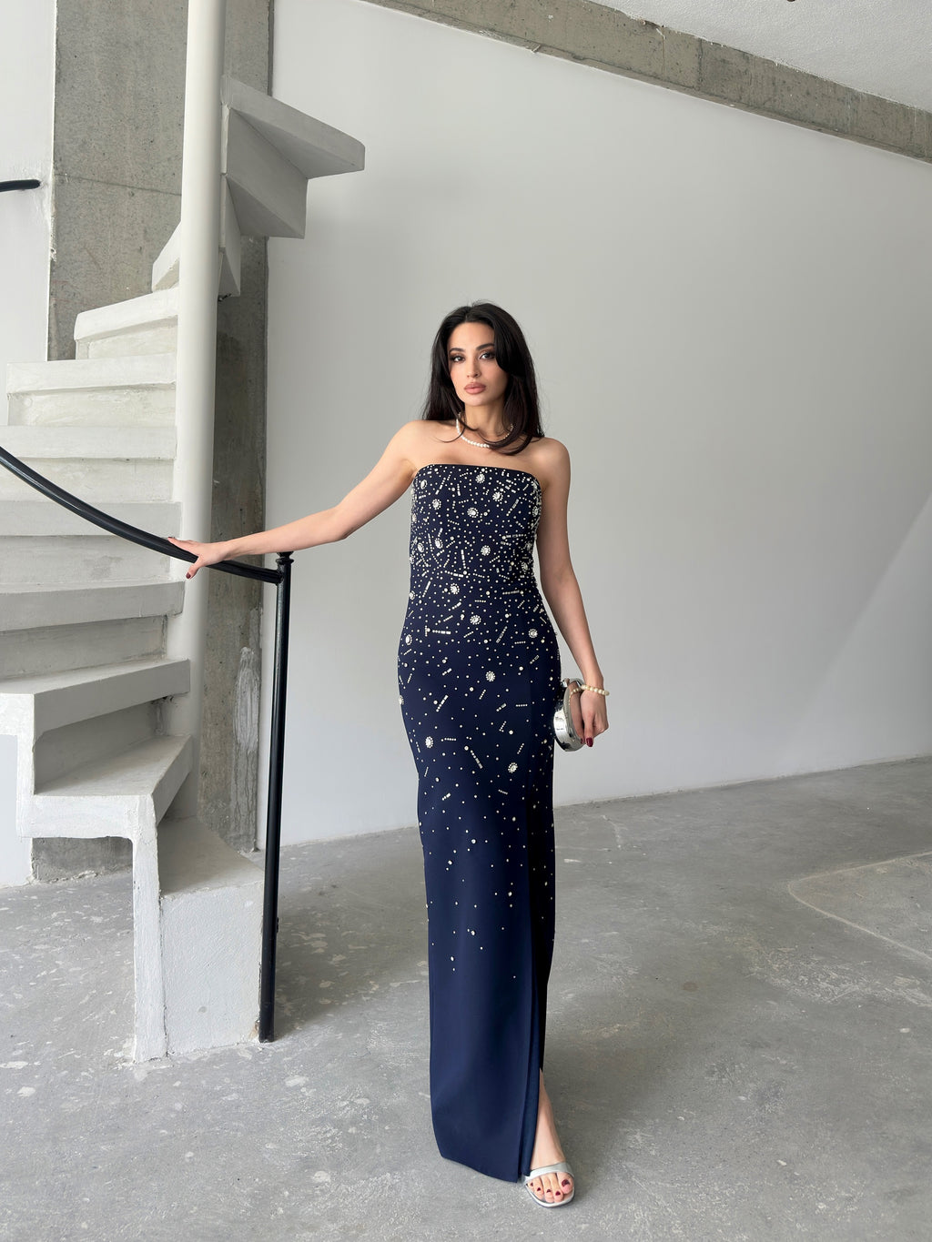 Embroidered Strapless Slit Maxi Dress - Navy