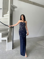 Embroidered Strapless Slit Maxi Dress - Navy