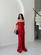 Sequined Off-Shoulder Slit Maxi Dress - Red