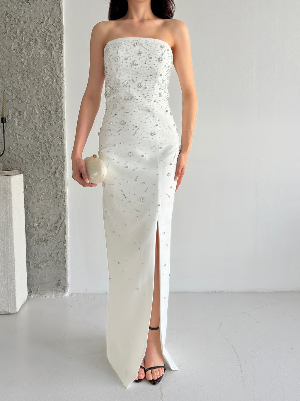 Embroidered Strapless Slit Maxi Dress - White