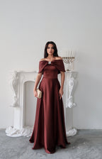 Off-Shoulder Bow Structured Satin Maxi Dress - Deep Brown