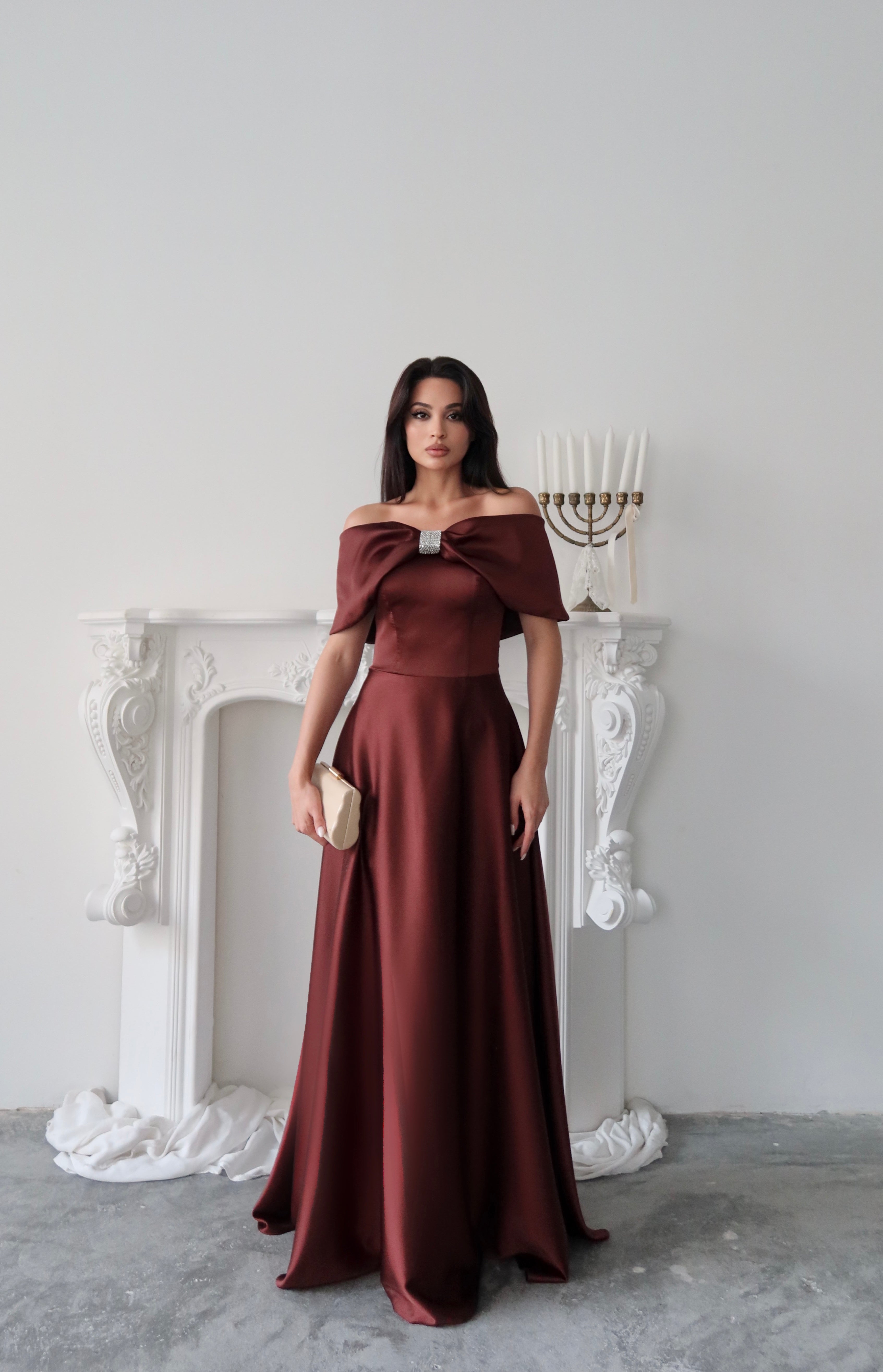 Off-Shoulder Bow Structured Satin Maxi Dress - Deep Brown