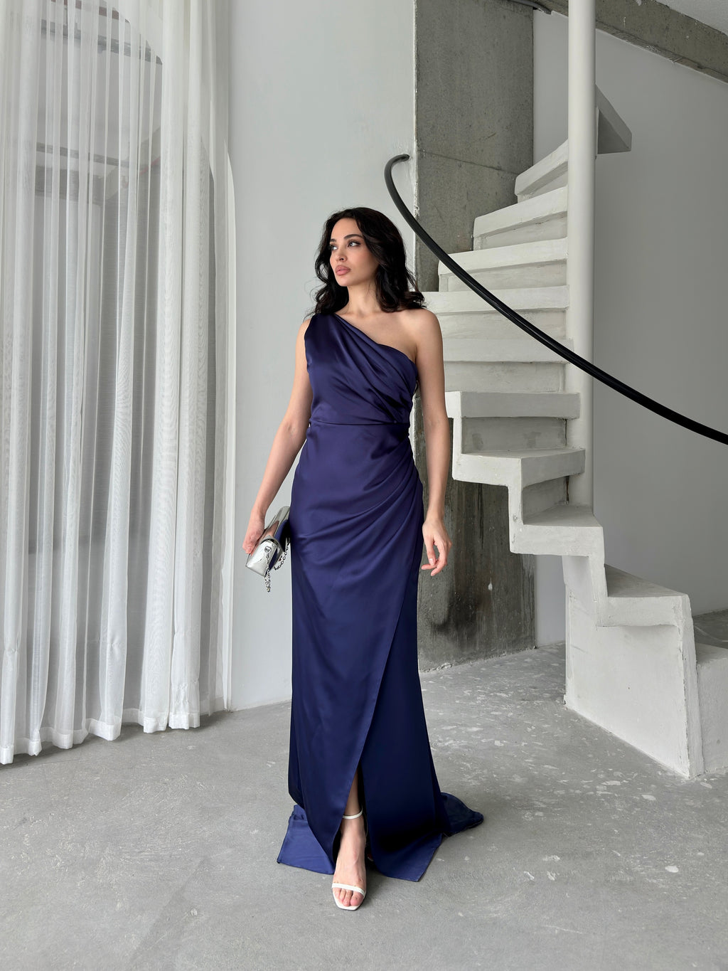 Draped One-Shoulder Satin Maxi Dress - Navy