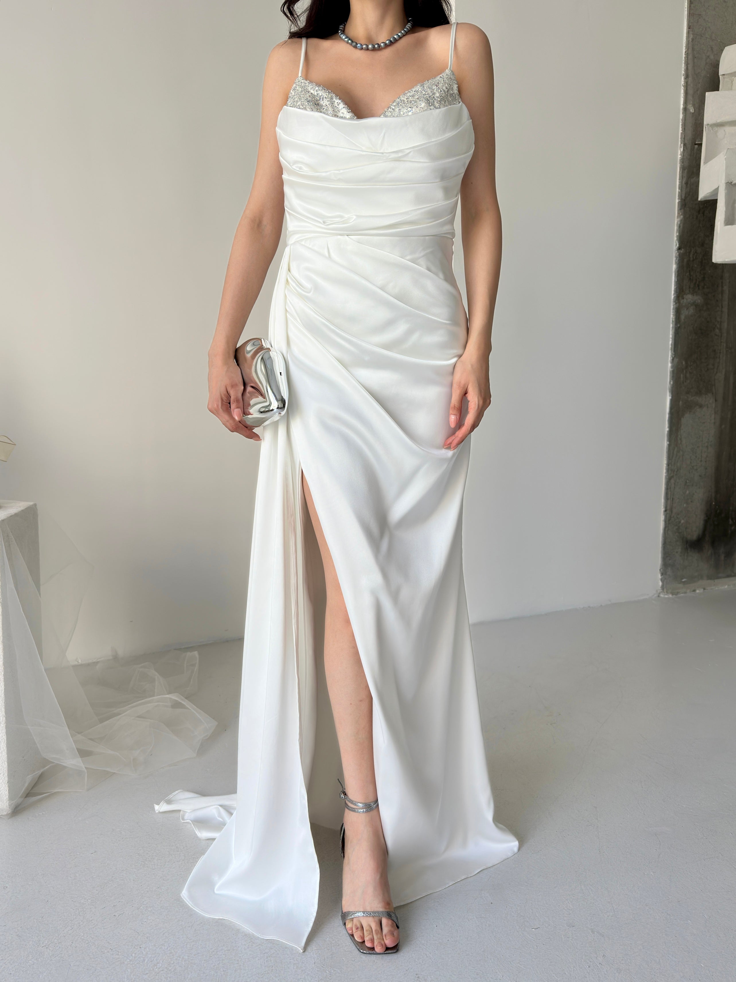 Embellished Cowl Neck Satin Maxi Dress - White