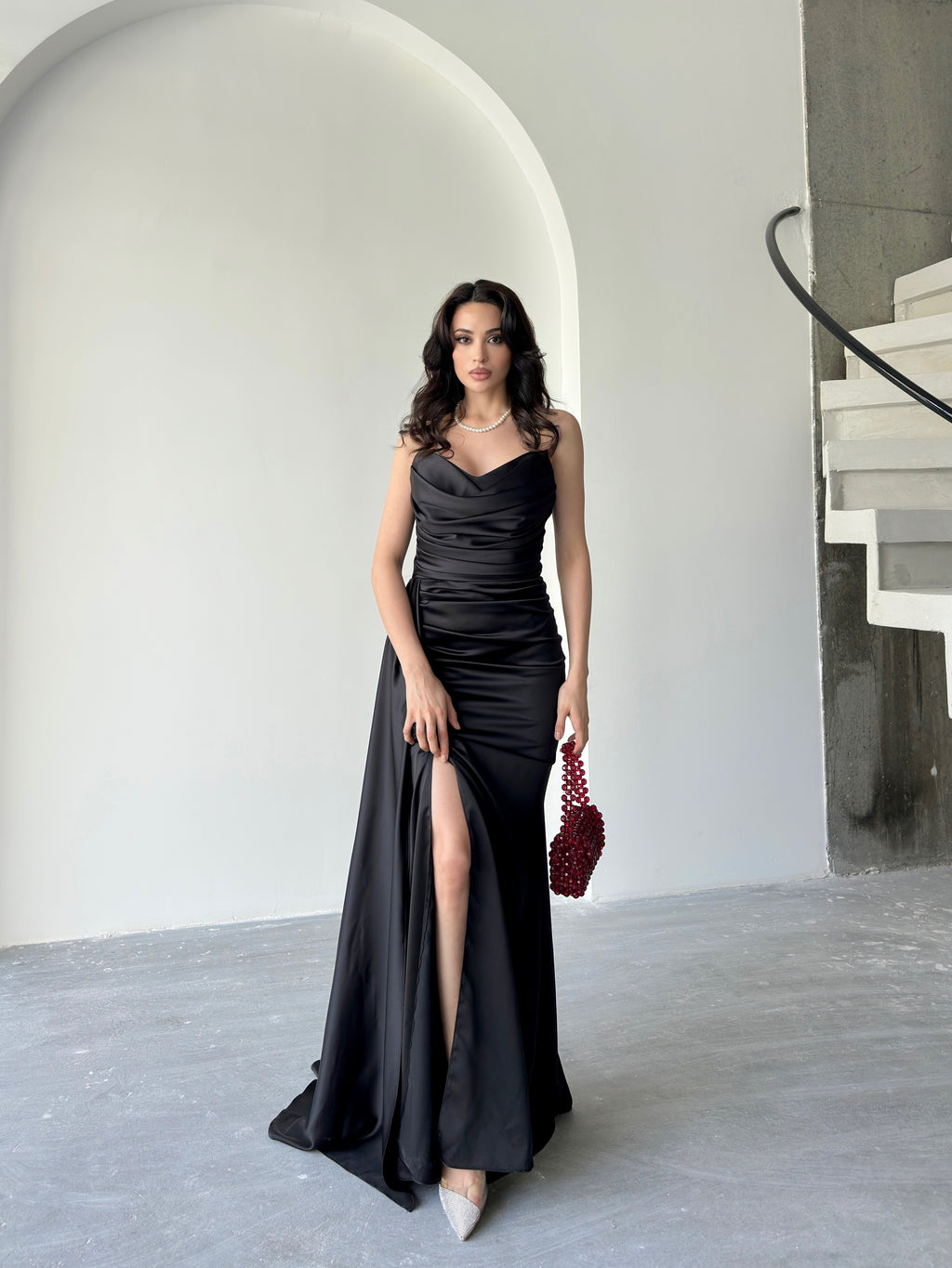 Draped Strapless Satin Maxi Dress - Black
