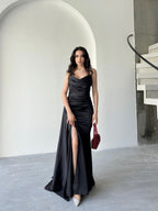 Draped Strapless Satin Maxi Dress - Black