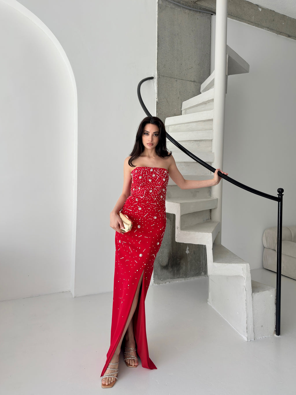 Embroidered Strapless Slit Maxi Dress - Red