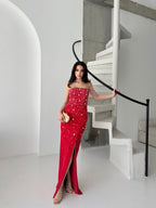 Embroidered Strapless Slit Maxi Dress - Red