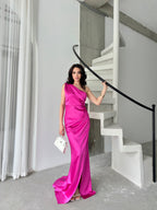 Draped One-Shoulder Satin Maxi Dress - Fuchsia