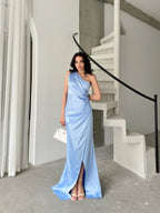 Draped One-Shoulder Satin Maxi Dress - Baby Blue
