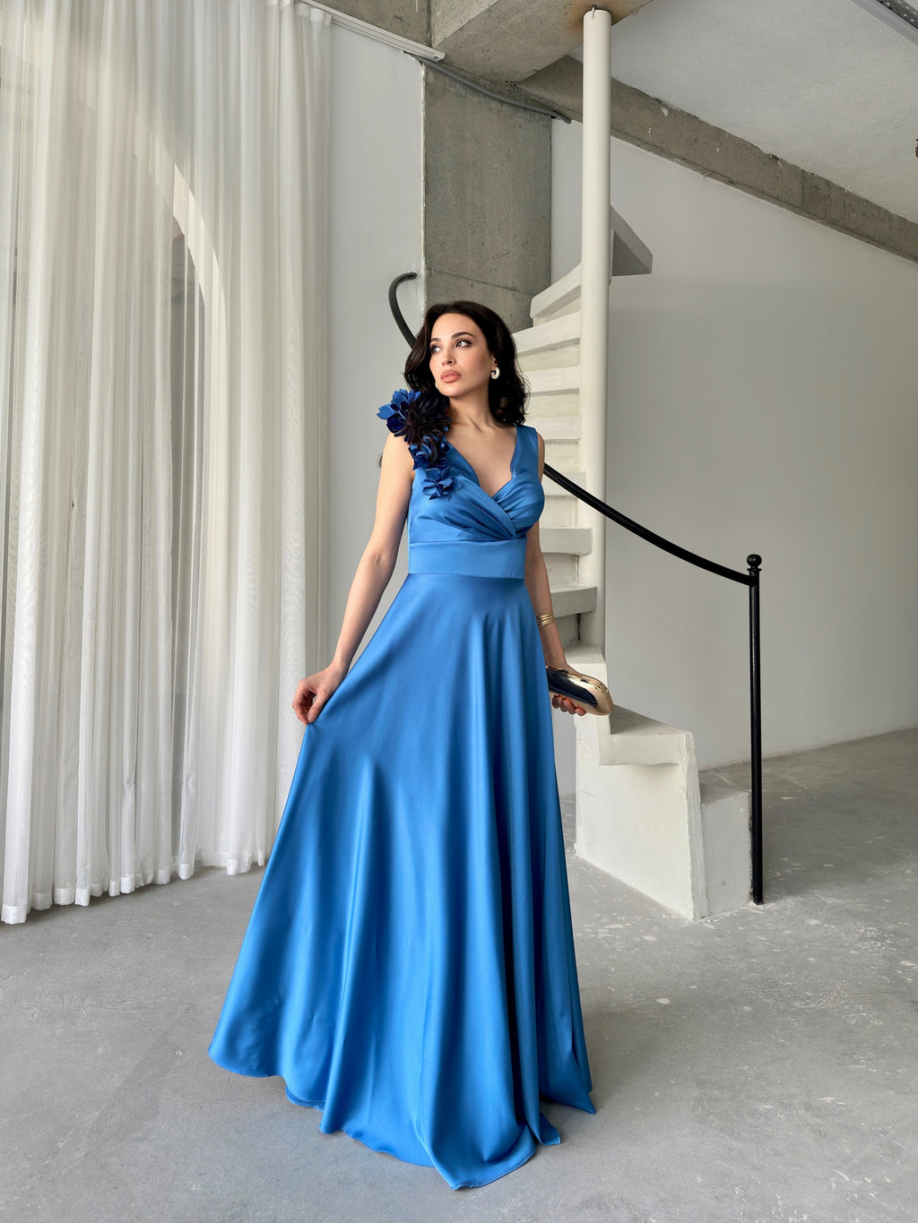 Surplice Neck Floral Shoulder Satin Maxi Dress - Blue