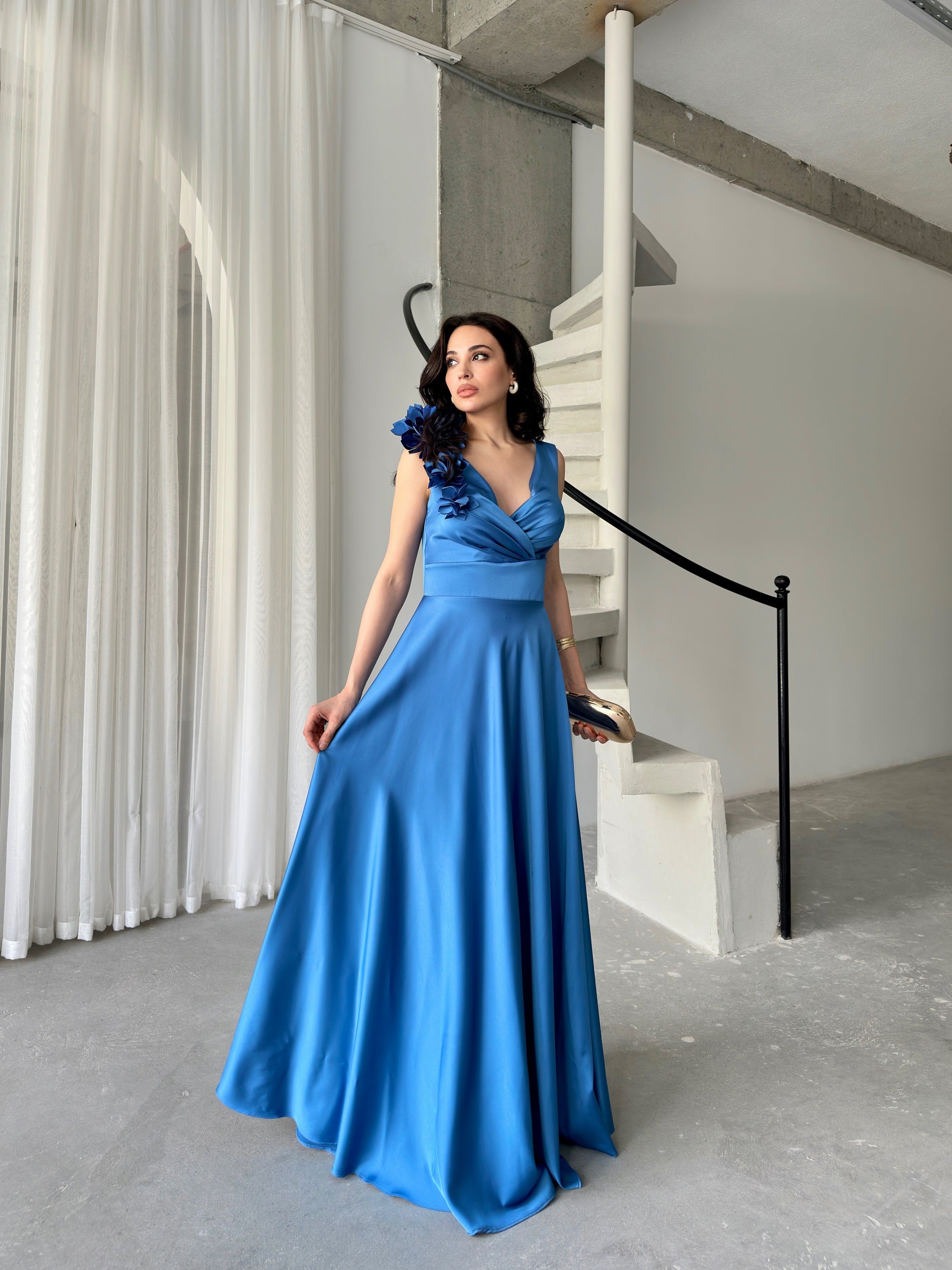 Surplice Neck Floral Shoulder Satin Maxi Dress - Blue