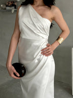 Draped One-Shoulder Satin Maxi Dress - White