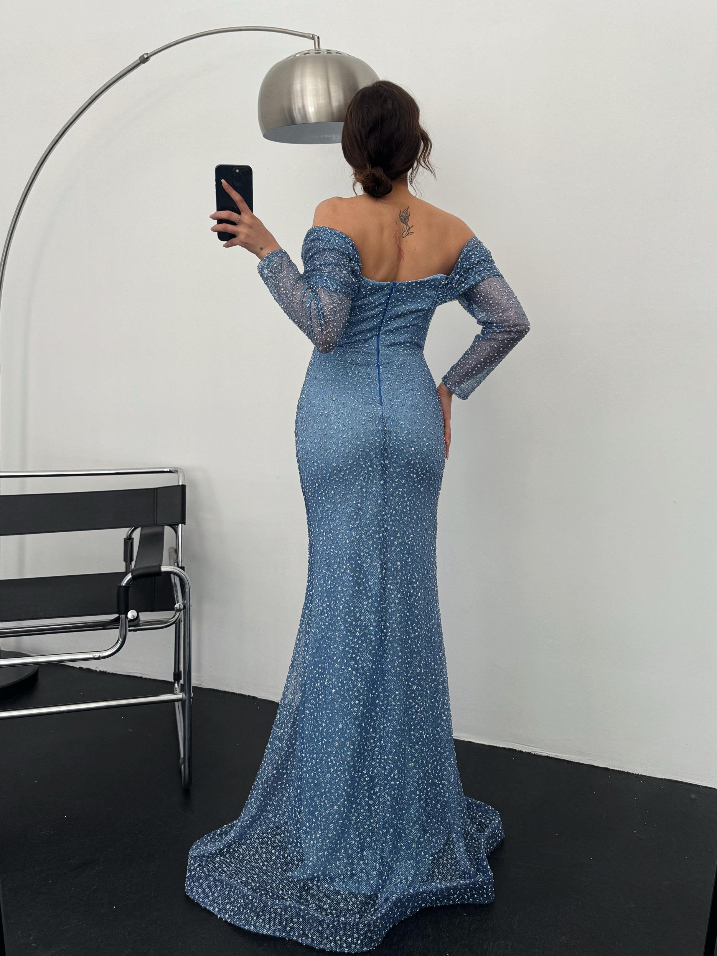 Beaded Off-Shoulder Long Sleeve Maxi Dress - Blue