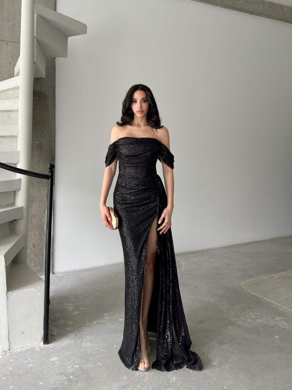 Sequined Off-Shoulder Slit Maxi Dress - Black