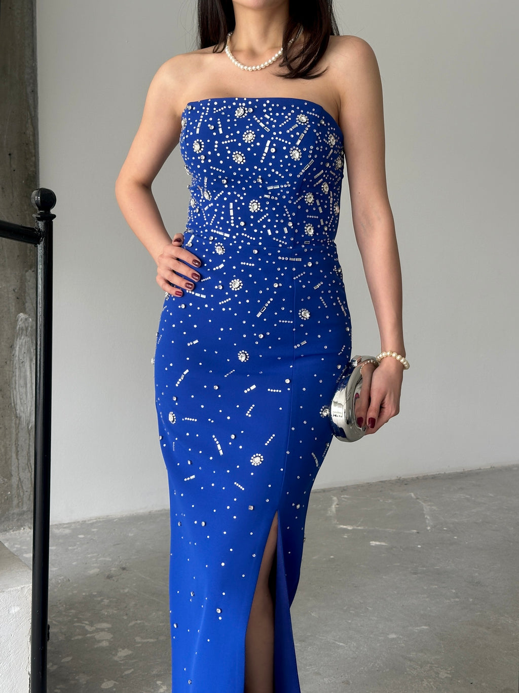 Embroidered Strapless Slit Maxi Dress - Royal Blue