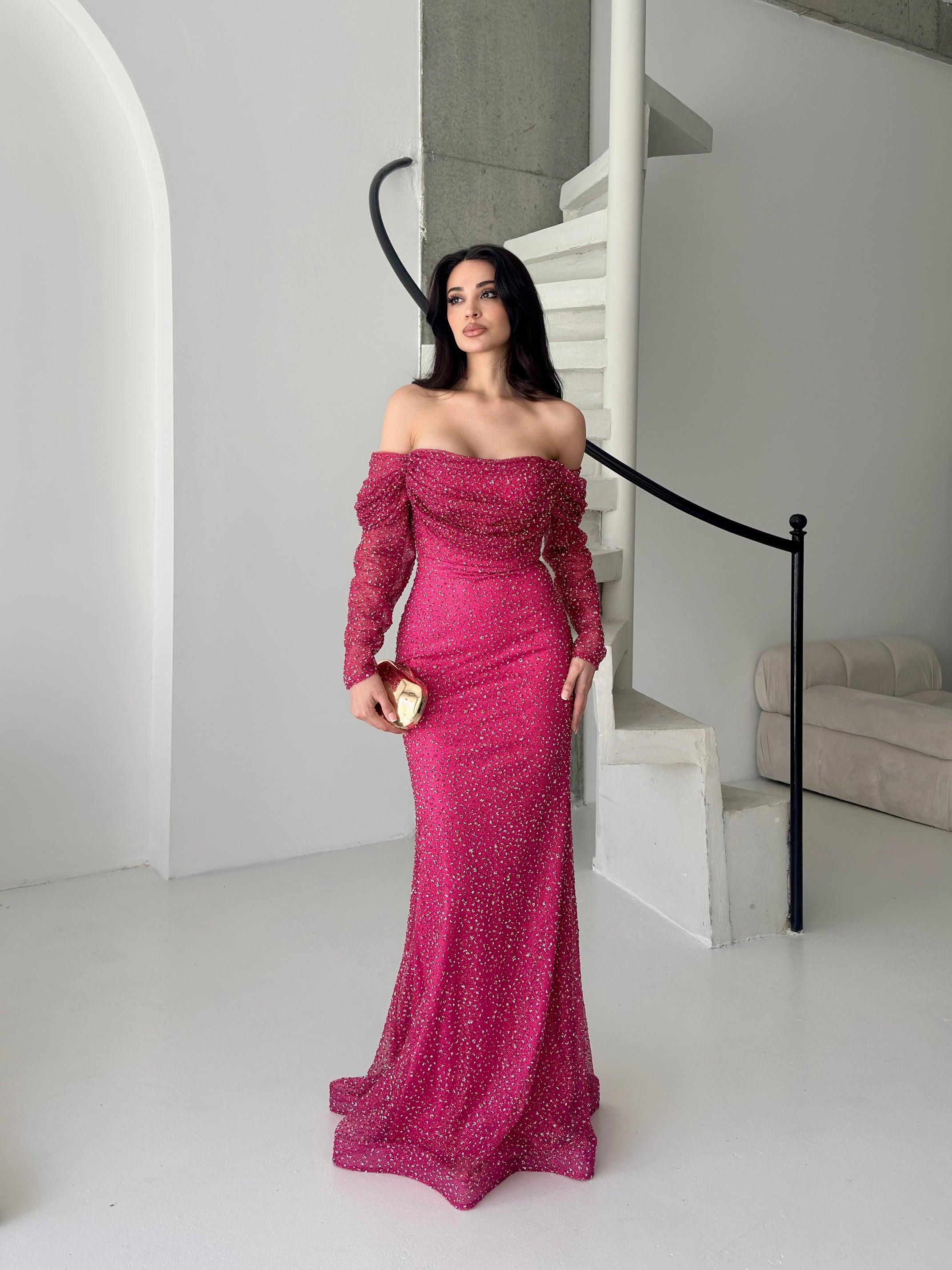 Beaded Off-Shoulder Long Sleeve Maxi Dress - Fuchsia