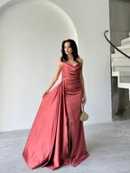 Draped Strapless Satin Maxi Dress - Cinnamon