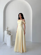 Rhinestone Strap Off-Shoulder Satin Maxi Dress - Yellow