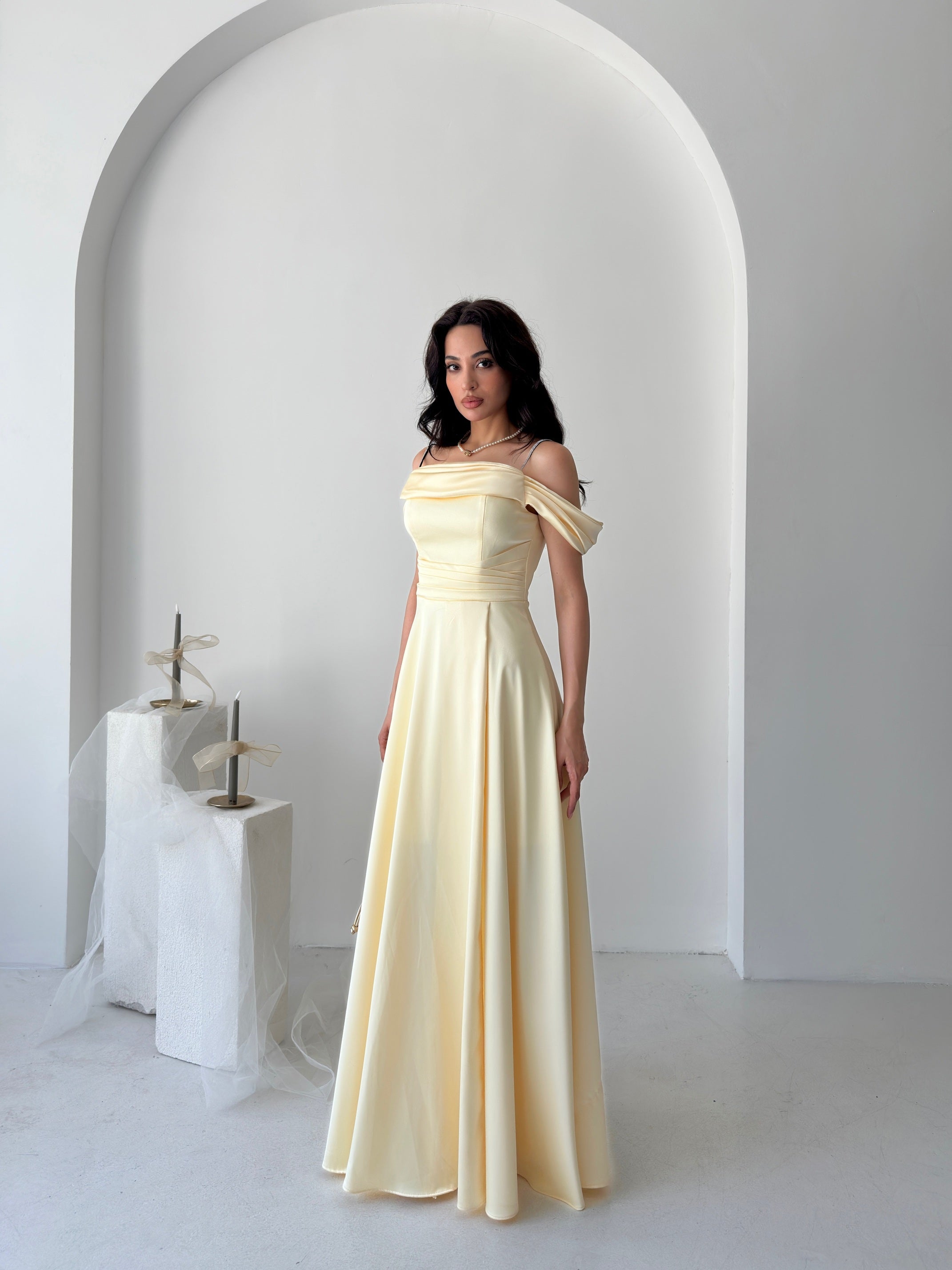 Rhinestone Strap Off-Shoulder Satin Maxi Dress - Yellow