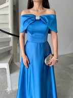 Bow Detail Off-Shoulder Satin Maxi Dress - Blue