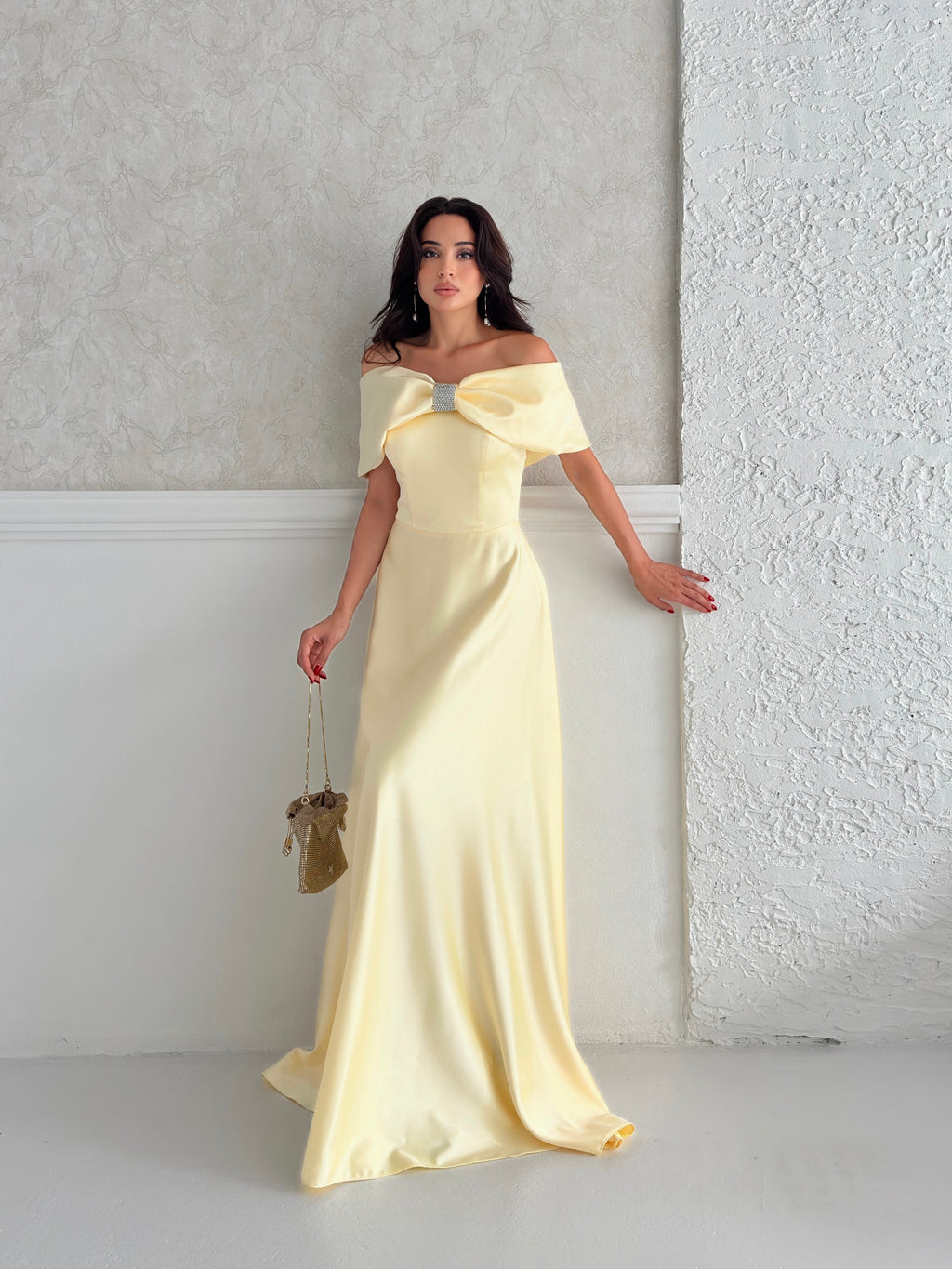 Off-Shoulder Bow Structured Satin Maxi Dress - Pale Yellow